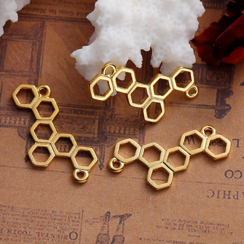 10 QUEEN BEE Honeycomb Charm Pendants, gold plated base, double hole connector, 26x13mm, chg0444
