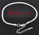 4 Silver Plated Snake Chain Bracelets with Lobster Clasp . Fits European Style Beads, 20cm, 7-7/8" long add your own beads, fch0440