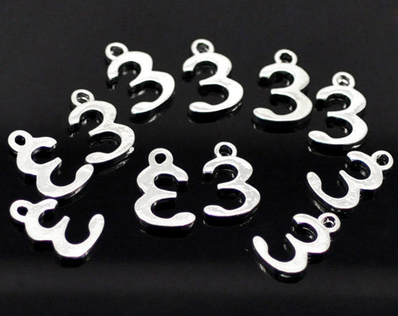 6 Silver Plated Number 3 (three) Charms, 16mm tall, about 5/8" chs2424