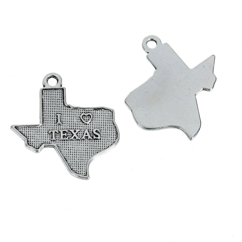10 I LOVE Texas Charms, Texas State Cutout Charm Pendants, Map Charms, Antiqued Silver Metal, 22x20mm, chs2426