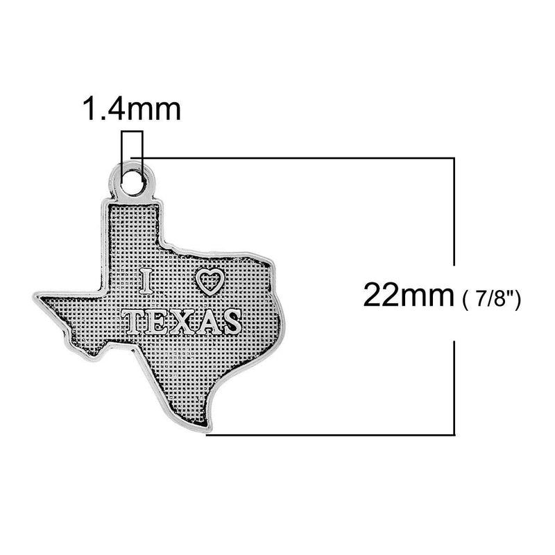 10 I LOVE Texas Charms, Texas State Cutout Charm Pendants, Map Charms, Antiqued Silver Metal, 22x20mm, chs2426
