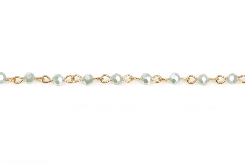 1 yard PASTEL MINT GREEN Crystal Rosary Chain, bright gold, 4mm round faceted crystal beads, fch0442a
