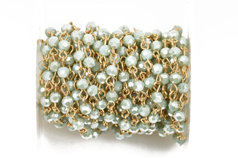 1 yard PASTEL MINT GREEN Crystal Rosary Chain, bright gold, 4mm round faceted crystal beads, fch0442a