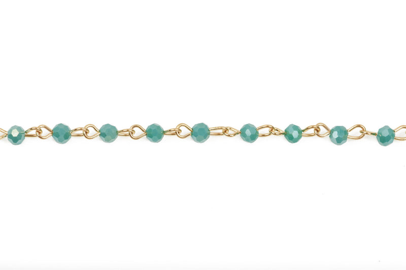 13 feet (4.33 yards) TURQUOISE GREEN Crystal Rosary Chain, bright gold, 4mm round faceted crystal beads, fch0443b