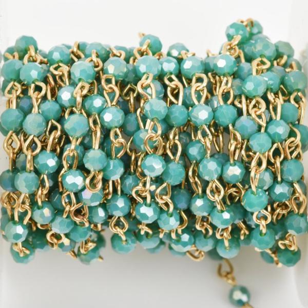 1 yard TURQUOISE GREEN Crystal Rosary Chain, bright gold, 4mm round faceted crystal beads, fch0443a