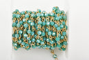 13 feet (4.33 yards) TURQUOISE GREEN Crystal Rosary Chain, bright gold, 4mm round faceted crystal beads, fch0443b