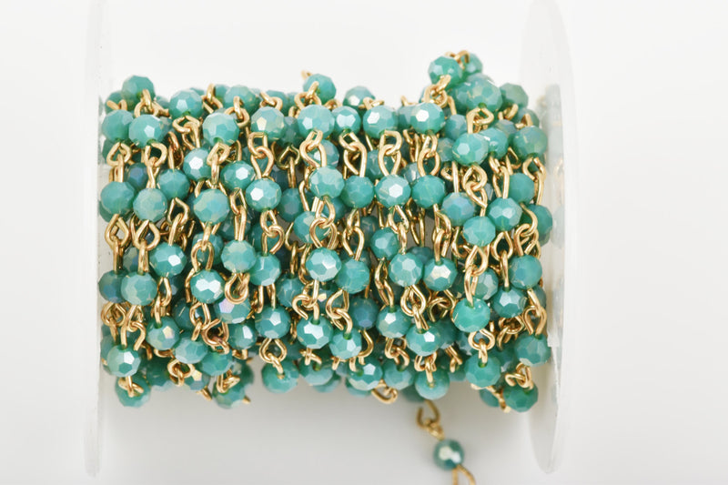 13 feet (4.33 yards) TURQUOISE GREEN Crystal Rosary Chain, bright gold, 4mm round faceted crystal beads, fch0443b