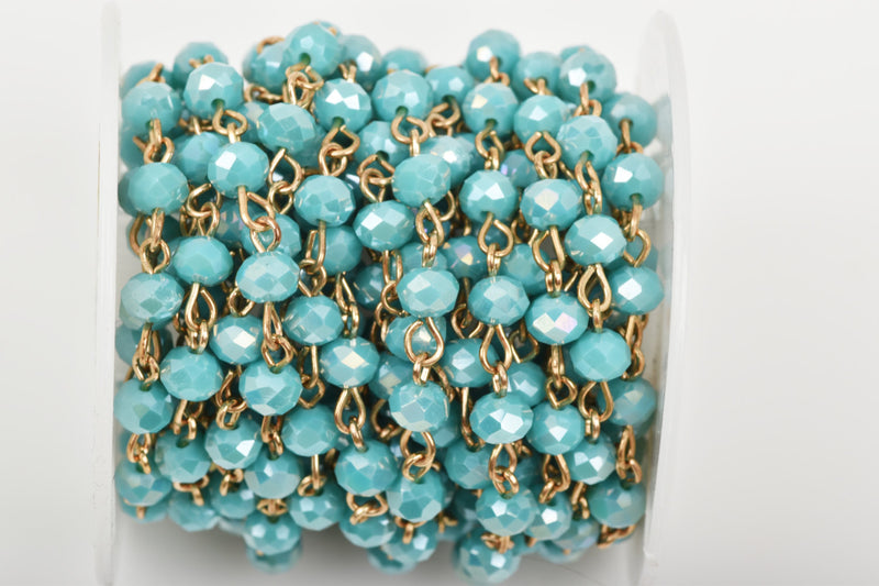 1 yard TURQUOISE BLUE AB Crystal Rondelle Rosary Chain, gold, 6mm faceted rondelle glass beads, fch0445a