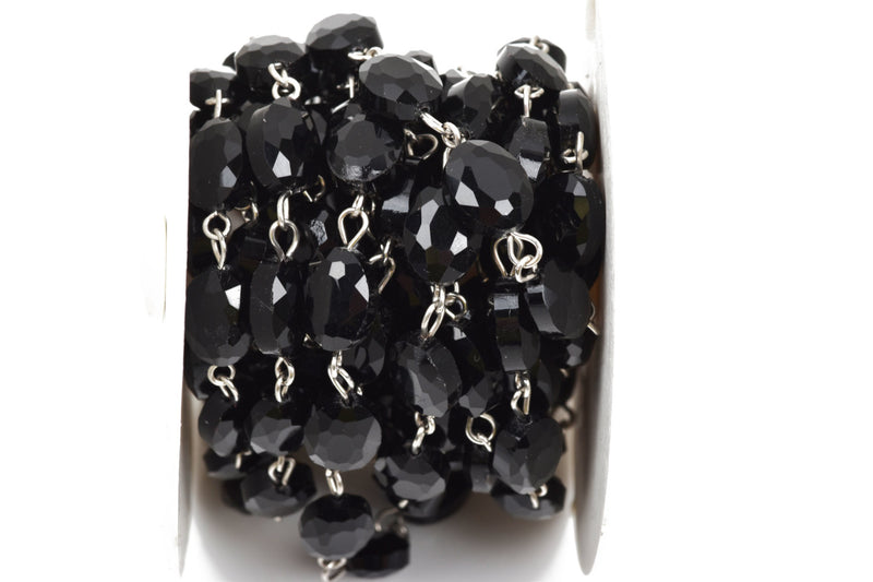 8 feet spool JET BLACK Crystal Rondelle Rosary Chain, silver links, 12x9mm faceted oval glass beads, fch0453