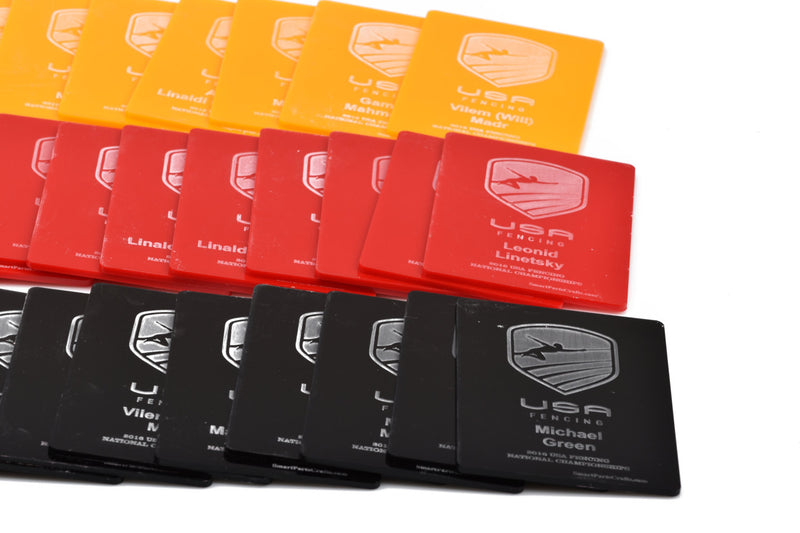 Fencing Referee Card Pack, personalized set of yellow, red, and black acrylic, custom engraved with your design, Lca0431