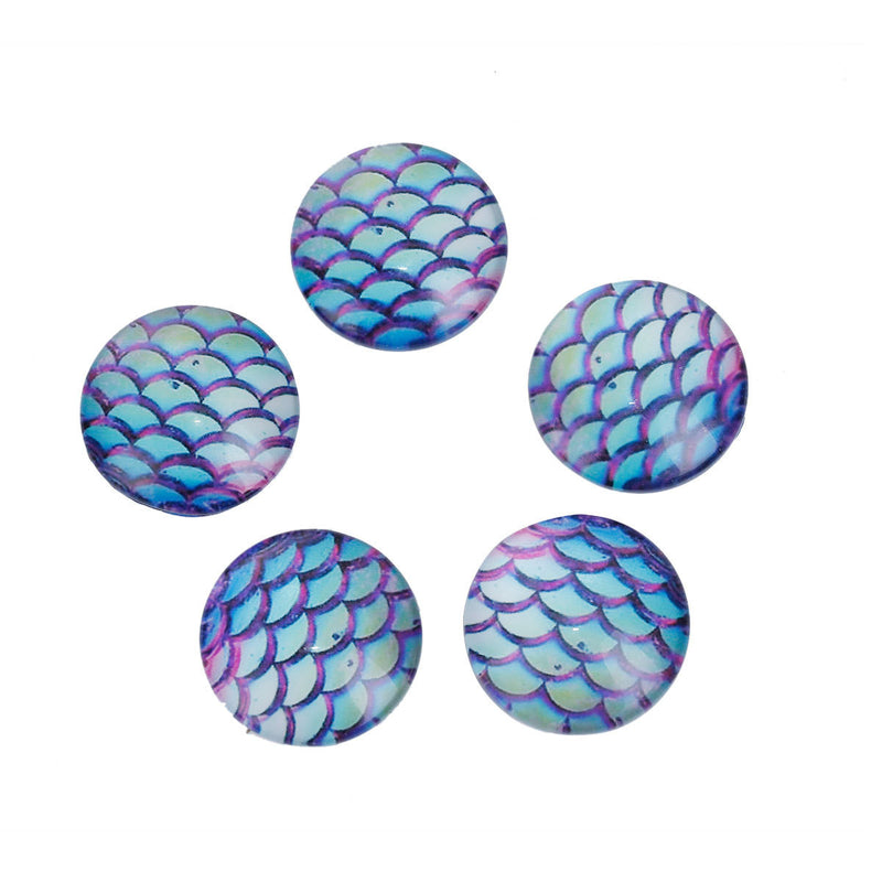 10 MERMAID Fish Scales Glass Dome Cabochons, Purple Blue Green, Round Glass Dome Seals Cabochons, 12mm  (about 1/2" diameter)  cab0511