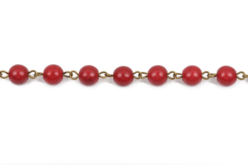 13 feet RED Howlite Rosary Chain, bronze, 10mm round stone beads, bulk on spool, fch0492b