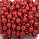 1 yard RED Howlite Rosary Chain, Howlite Bead Chain, bronze, 6mm round stone beads, bulk on spool, fch0486a