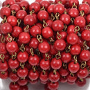 13 feet RED Howlite Rosary Chain, bronze, 8mm round stone beads, bulk on spool, fch0491b