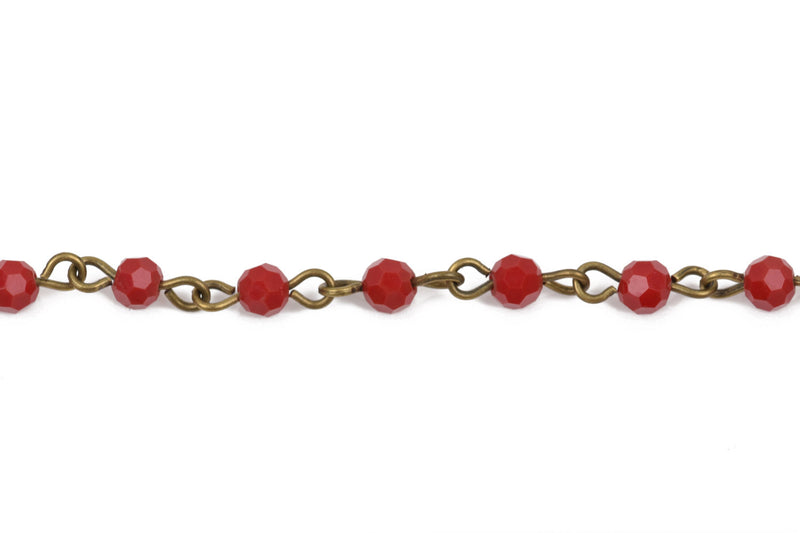 13 feet (4.33 yards) Dark Red Crystal Rosary Chain, bronze, 4mm round faceted crystal beads, fch0487b