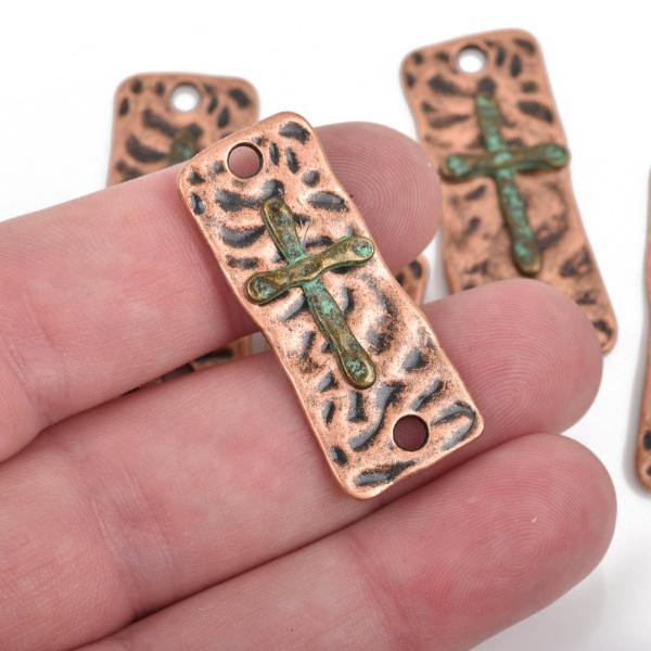 5 CROSS Charms Pendants, 2 hole bracelet connector links, copper base with green patina cross, rustic hammered metal, 37x15mm, chc0055