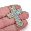 4 Hammered Bronze Cross Pendant Charms, with blue verdigris patina, large 1-3/4" long chb0451