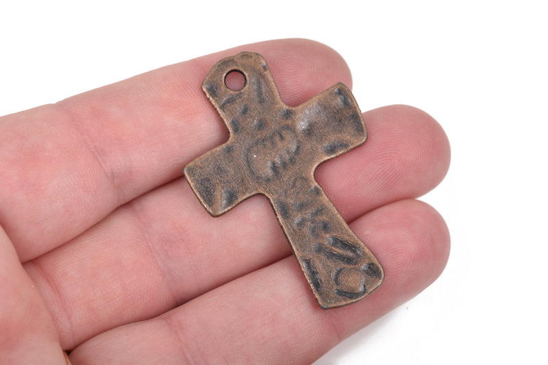 4 Hammered Copper Cross Pendant Charms, oxidized copper, large 1-3/4" long chc0056