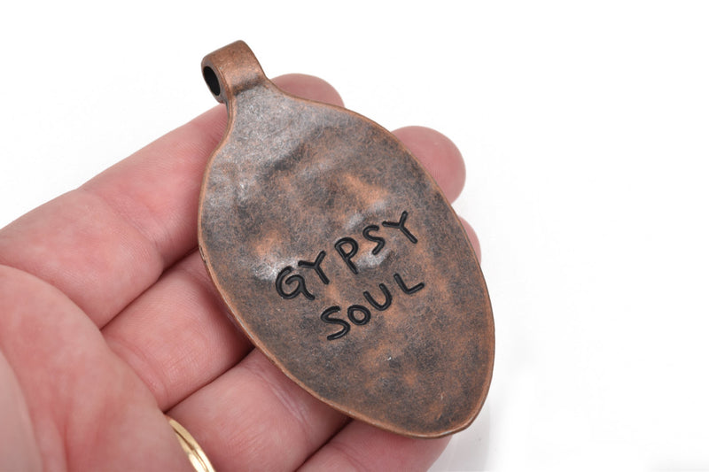 GYPSY SOUL Spoon Bowl Pendant, Copper with stamped letters, hammered metal, 3" long chc0057