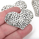 4 Large Silver Sideways HEART Connector Links, hammered oxidized metal, 47x32mm, chs2534