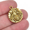 5 QUEEN BEE Gold Charm Pendants, round coin charms, gold plated metal, double sided design, 20mm, chg0449