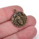 5 QUEEN BEE Bronze Charm Pendants, round coin charms, bronze plated metal, double sided design, 20mm, chb0454