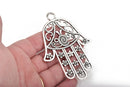 2 Large HAMSA HAND Pendants, Antiqued Silver Tone Metal, 85x61mm (3-3/8" long) chs2536