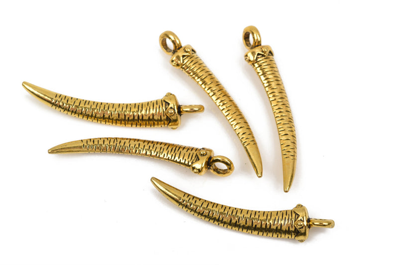 4 Large HORN or CLAW Tusk Charm Pendants, gold oxidized, 60mm long, 2-3/8" chg0451