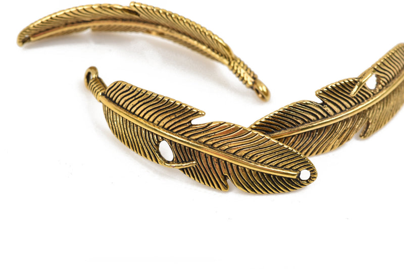 5 FEATHER Bracelet Connector Links, GOLD oxidized metal charms, curved bracelet charms, 57x15mm, 2-1/4" long chg0454