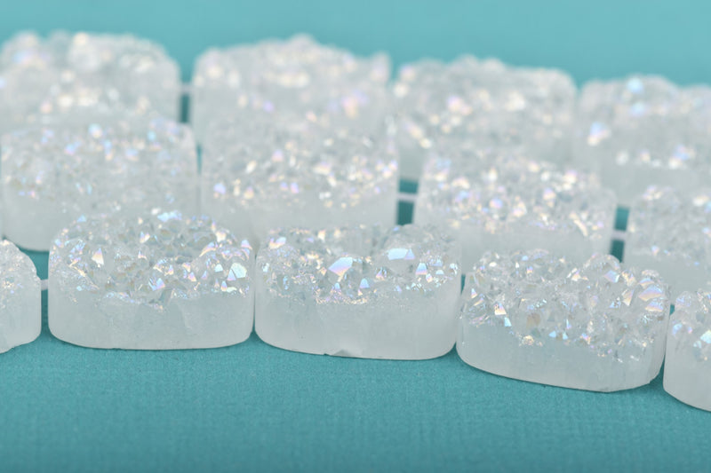2 White Druzy AB Rainbow Natural Quartz Rectangle Gemstone Beads, frosted, 18x14mm, gdz0179