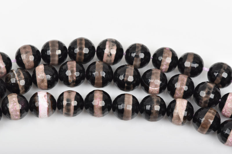 10mm Round BANDED AGATE Beads, faceted gemstone agate beads, black pink grey tan, full strand, about 37 beads, gag0271