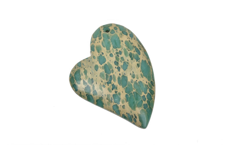 AQUA TERRA JASPER Heart Pendant Bead, blue green and tan gemstone bead, 53x39mm, 2-1/8" x 1-1/2" cgm0054