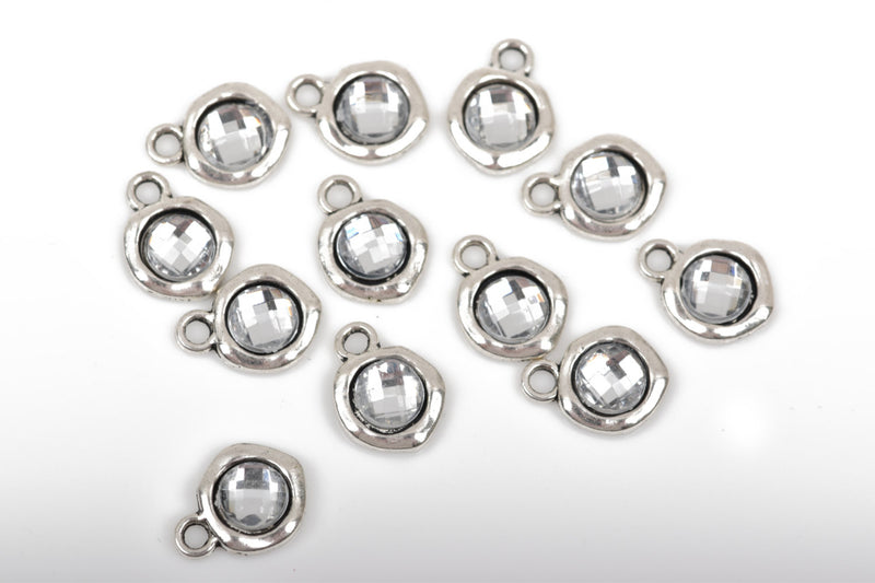 10 Silver Tone Rhinestone Drop Charms, 10mm asymmetrical circle with faceted rhinestone embedded in center, chs2543a