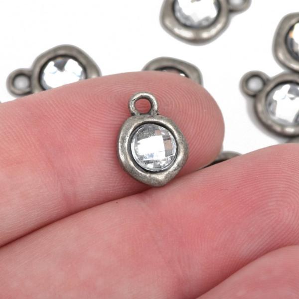 50 Gunmetal Rhinestone Drop Charms, 10mm asymmetrical circle with faceted rhinestone embedded in center, cho0157b