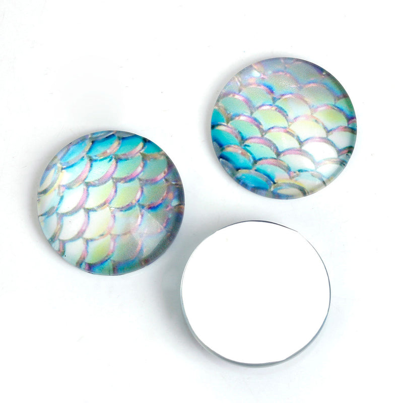 10 MERMAID Fish Scales Glass Dome Cabochons, Iridescent Blue Green, Ro
