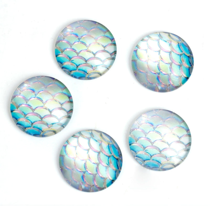 10 MERMAID Fish Scales Glass Dome Cabochons, Iridescent Blue Green, Round Glass Dome Seals Cabochons, 20mm  (about 3/4" diameter) cab0476