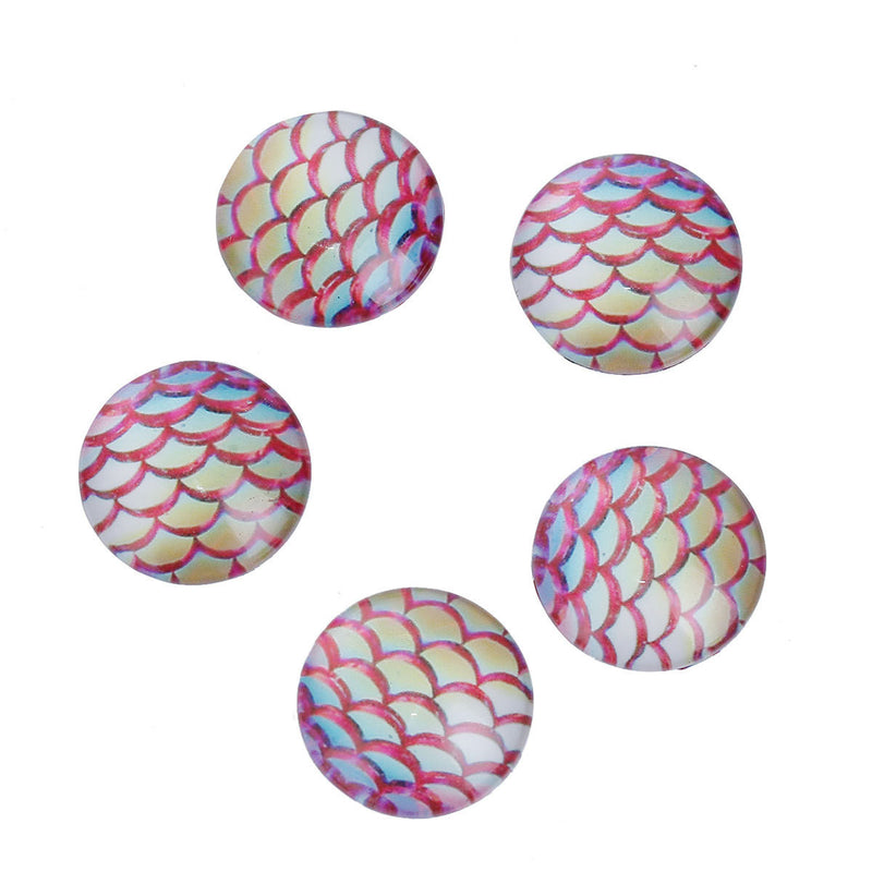 10 MERMAID Fish Scales Glass Dome Cabochons, Red Pink, Round Glass Dome Seals Cabochons, 20mm  (about 3/4" diameter) cab0477
