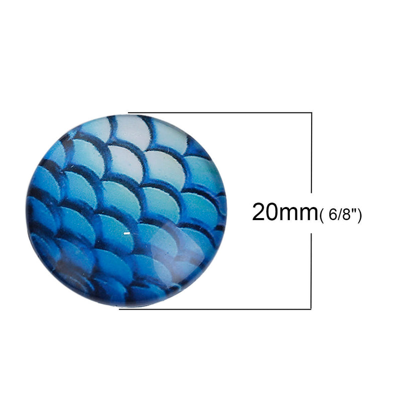 10 MERMAID Fish Scales Glass Dome Cabochons, Turquoise Blue, Round Glass Dome Seals Cabochons, 20mm  (about 3/4" diameter) cab0478