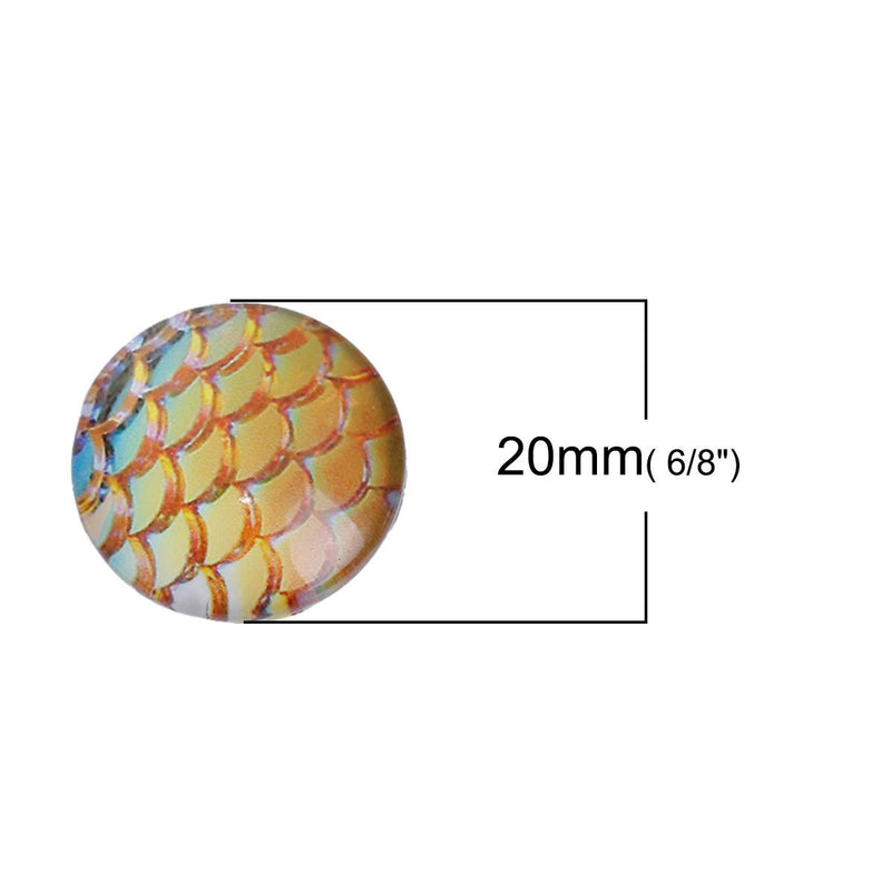 10 MERMAID Fish Scales Glass Dome Cabochons, Golden Yellow, Round Glass Dome Seals Cabochons, 20mm  (about 3/4" diameter) cab0479