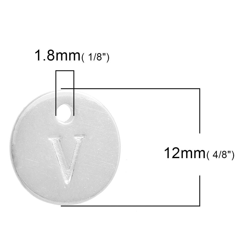 10 Letter V Alphabet Charms Silver Plated Monogram, double sided round disc letter charms, dot charms, 12mm, (1/2") chs2547