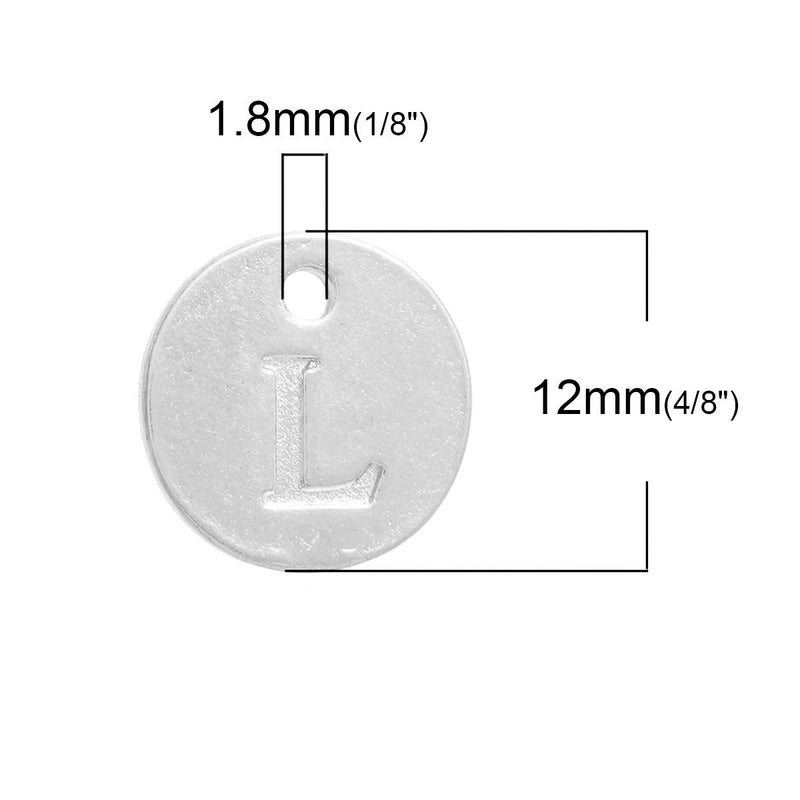 10 Letter L Alphabet Charms Silver Plated Monogram, double sided round disc letter charms, dot charms, 12mm, (1/2") chs2546