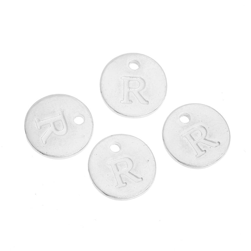 10 Letter R Alphabet Charms Silver Plated Monogram, double sided round disc letter charms, dot charms, 12mm, (1/2")  chs2556