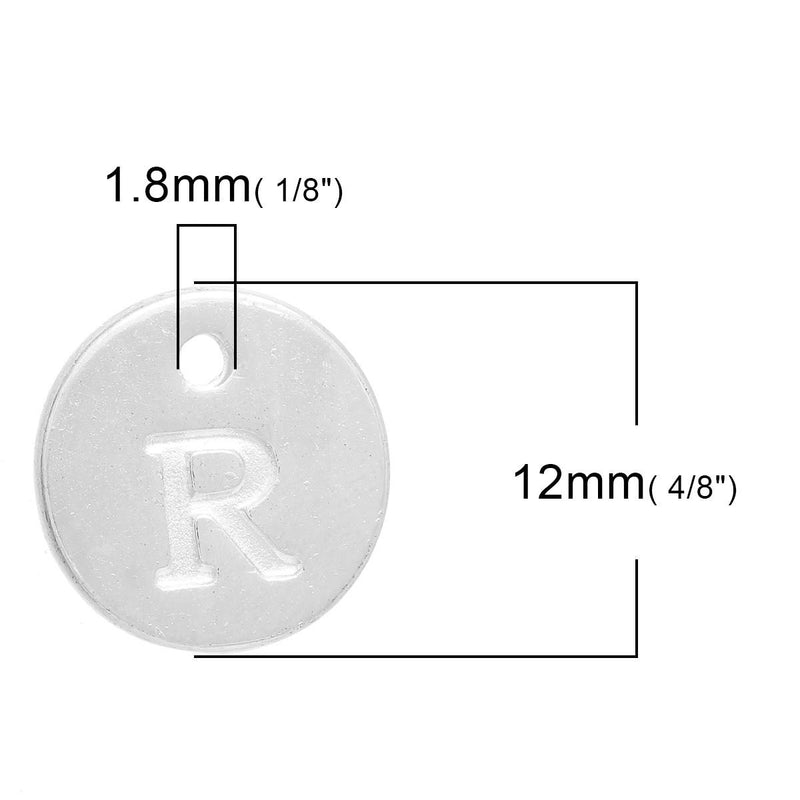 10 Letter R Alphabet Charms Silver Plated Monogram, double sided round disc letter charms, dot charms, 12mm, (1/2")  chs2556