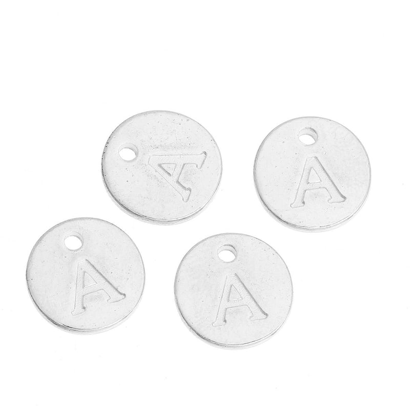 10 Letter A Alphabet Charms Silver Plated Monogram, double sided round disc letter charms, dot charms, 12mm, (1/2") chs2563