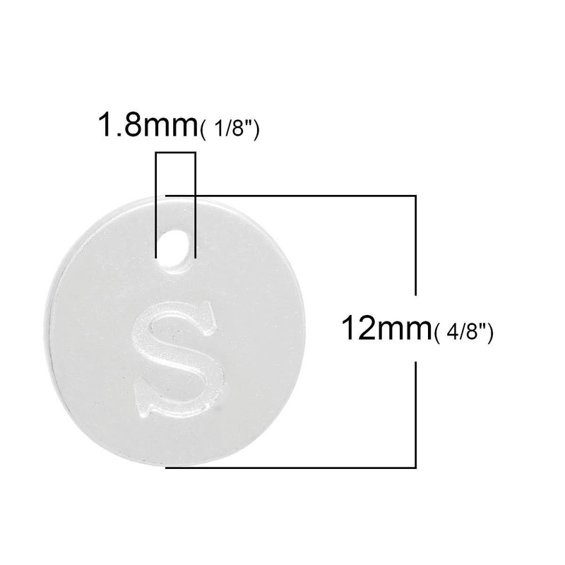 10 Letter S Alphabet Charms Silver Plated Monogram, double sided round disc letter charms, dot charms, 12mm, (1/2") chs2559