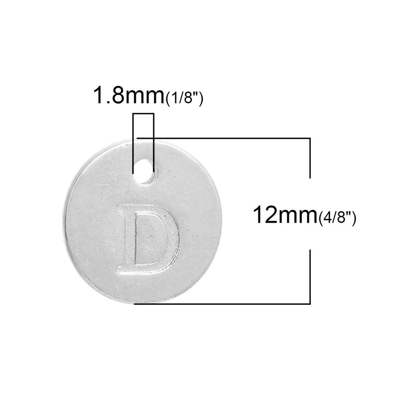 10 Letter D Alphabet Charms Silver Plated Monogram, double sided round disc letter charms, dot charms, 12mm, (1/2") chs2554