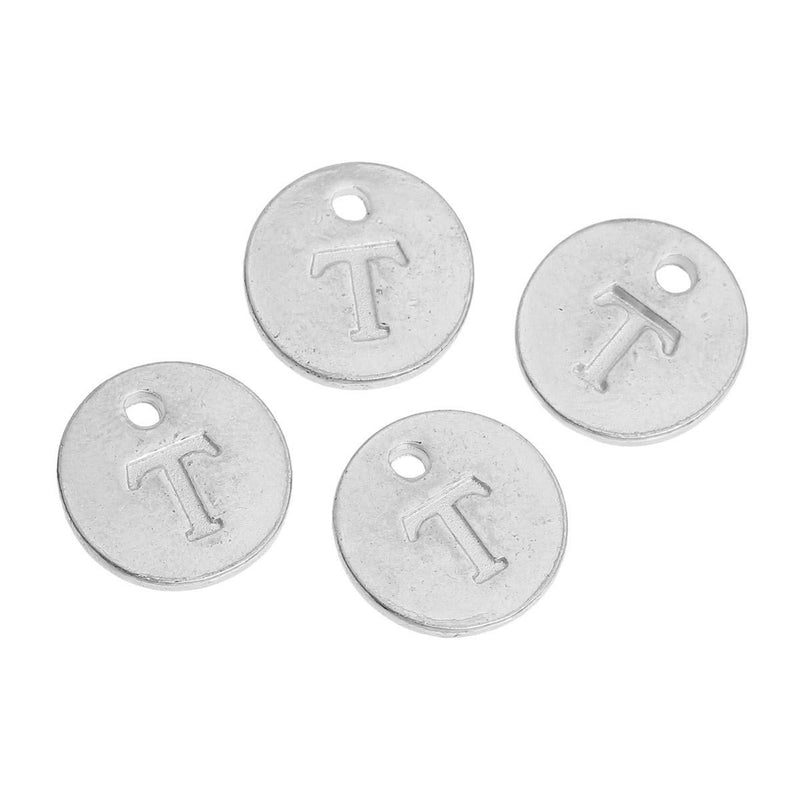 10 Letter T Alphabet Charms Silver Plated Monogram, double sided round disc letter charms, dot charms, 12mm, (1/2") chs2555