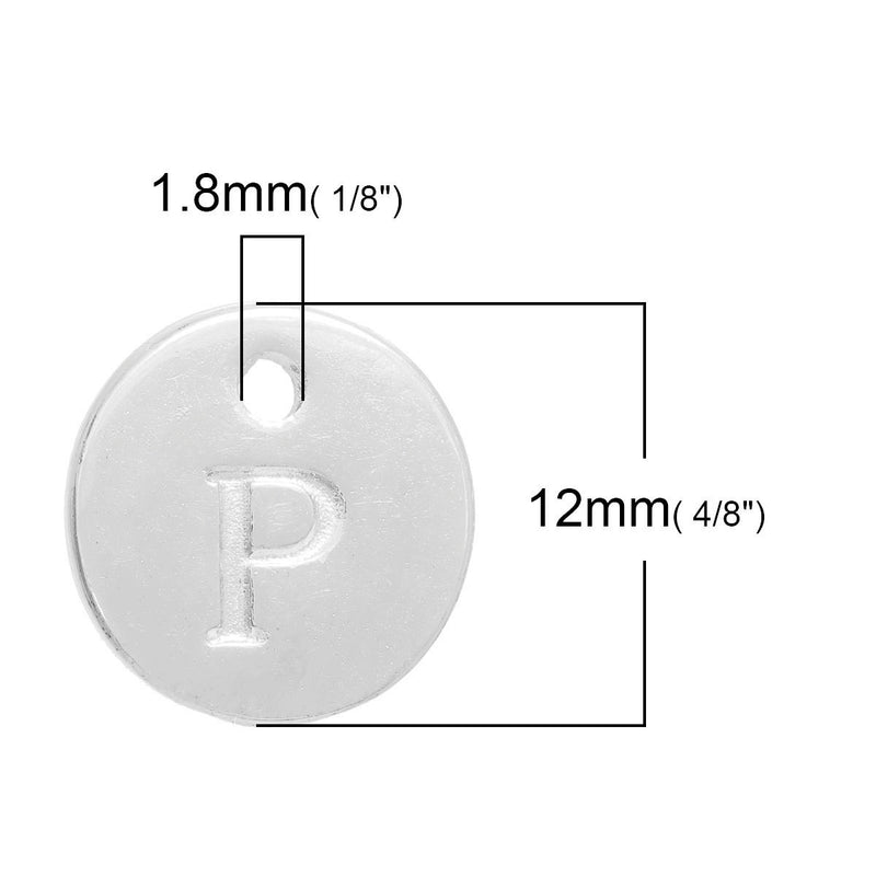 10 Letter P Alphabet Charms Silver Plated Monogram, double sided round disc letter charms, dot charms, 12mm, (1/2") chs2550
