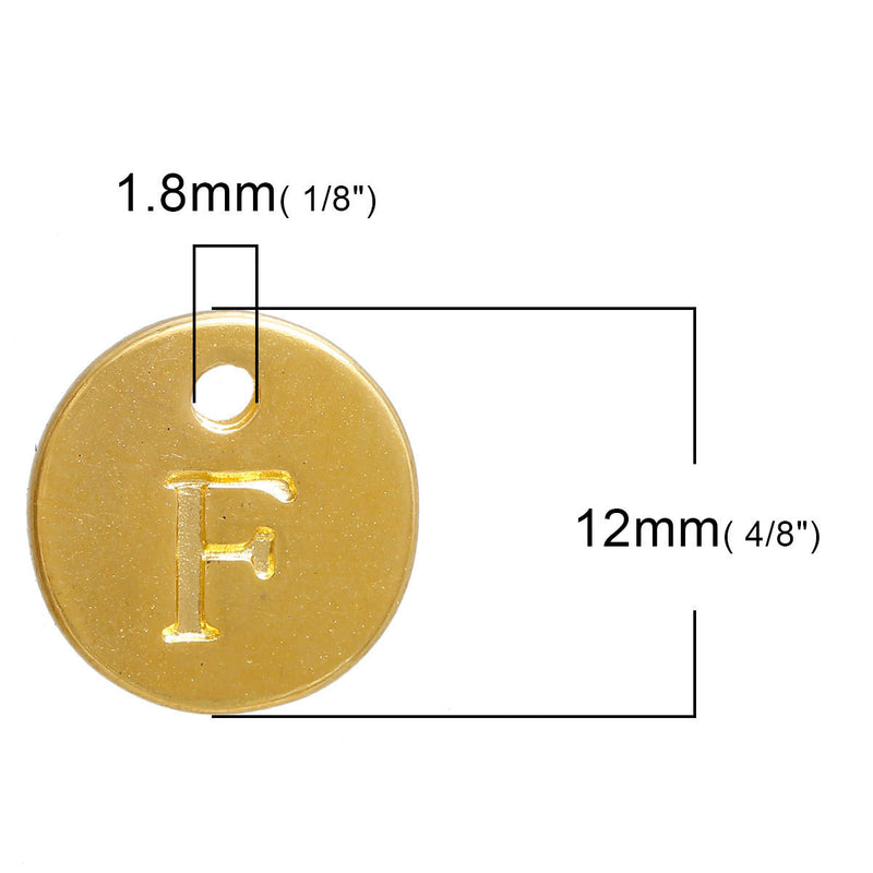 10 Letter F Alphabet Charms Gold Plated Monogram, double sided round disc letter charms, dot charms, 12mm, (1/2") chg0474