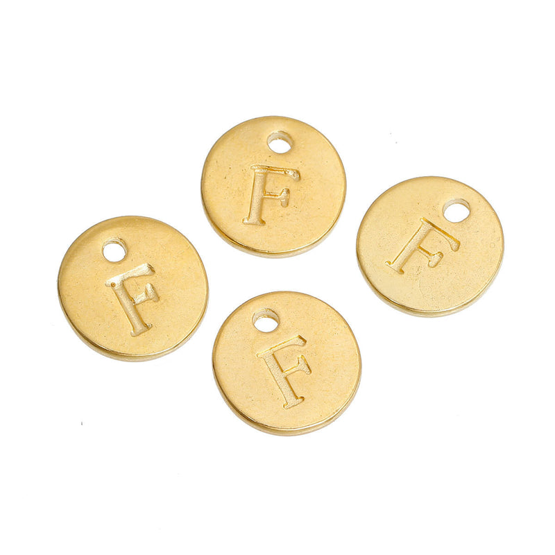 10 Letter F Alphabet Charms Gold Plated Monogram, double sided round disc letter charms, dot charms, 12mm, (1/2") chg0474